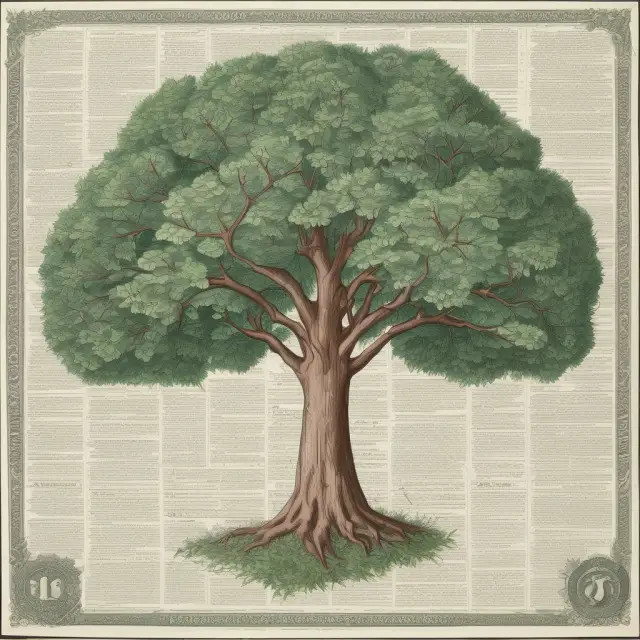A metaphorical tree with branches adorned by leaves representing Form 1099-B records. Each leaf displays transaction details for accurate tax filing.
