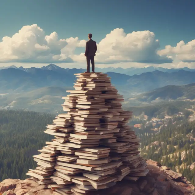 An investor and the IRS working together atop a mountain of Forms 1099-B, symbolizing tax compliance through diligent record keeping