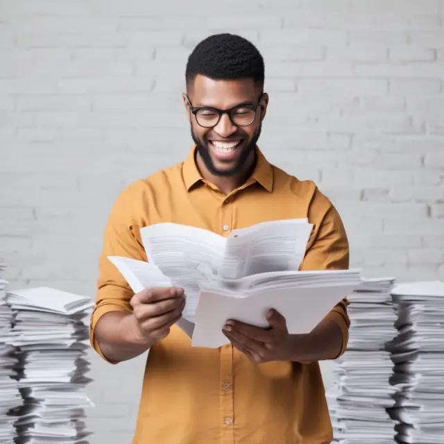 Taxpayer holding Schedule B with piles of Form 1099-INT reports, symbolizing correct filing and reporting of interest income