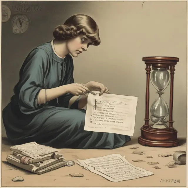 An image of a widow patiently waiting by an hourglass as sand flows towards a check and a clock showing 