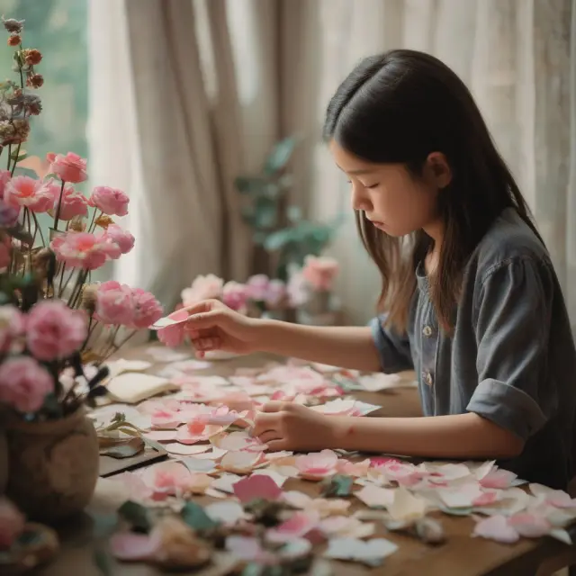 A woman tenderly filing a Form 1310 with the IRS, using a paper flower from her deceased father