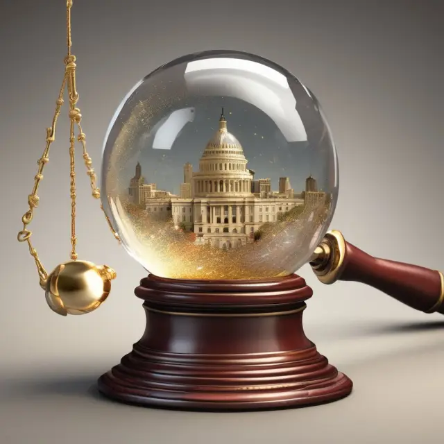 An image of a Congressional gavel crafting a crystal ball containing golden filings symbolizing the Form 13F quarterly reports.