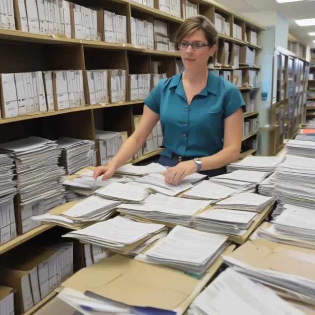 Librarian meticulously sorting and categorizing Form 2106-EZ tax receipts for employee business expenses: airfare, lodging, meals, parking, tolls, car rentals, office supplies, telephone, and more.