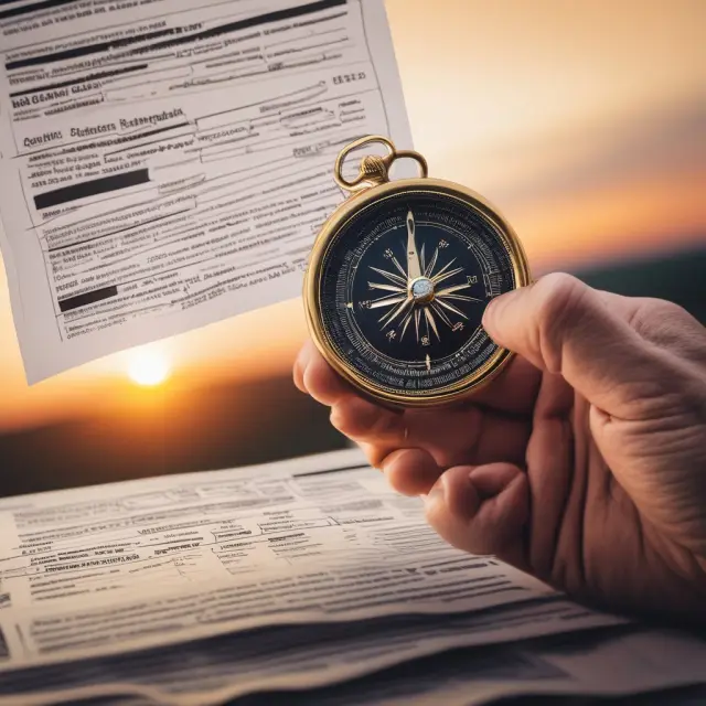 A taxpayer navigates through vintage Form 2106-EZ tax forms and approaches filing deadlines symbolized by a sunset