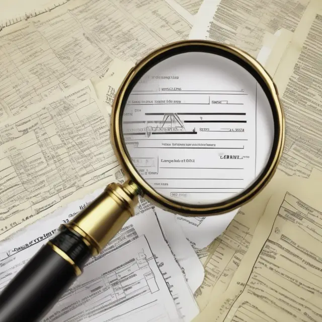 Taxpayer meticulously filling out Form 2106-EZ for unreimbursed employee business expenses, with gold lines representing financial gains and a magnifying glass emphasizing careful attention