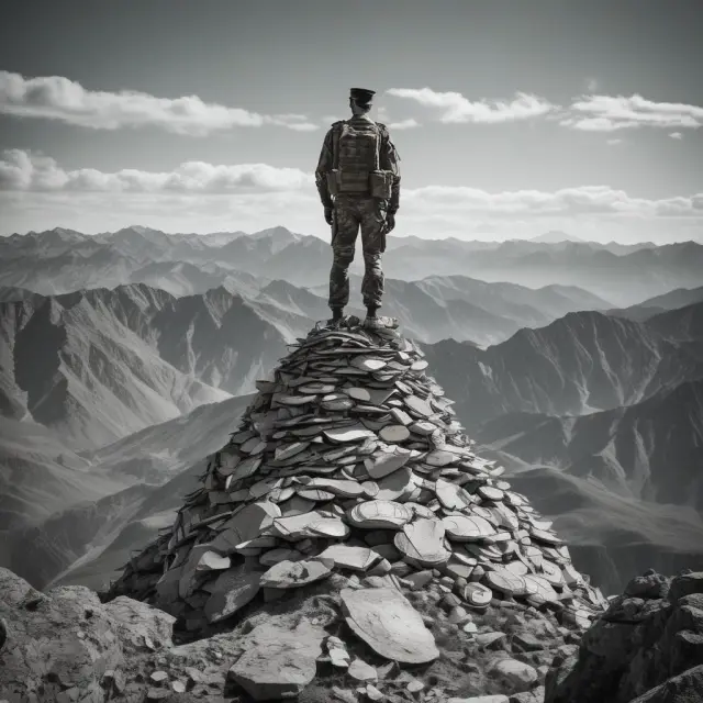 An armed forces reservist triumphantly standing on a mountain of job-related expenses, indicating Form 2106 eligibility.