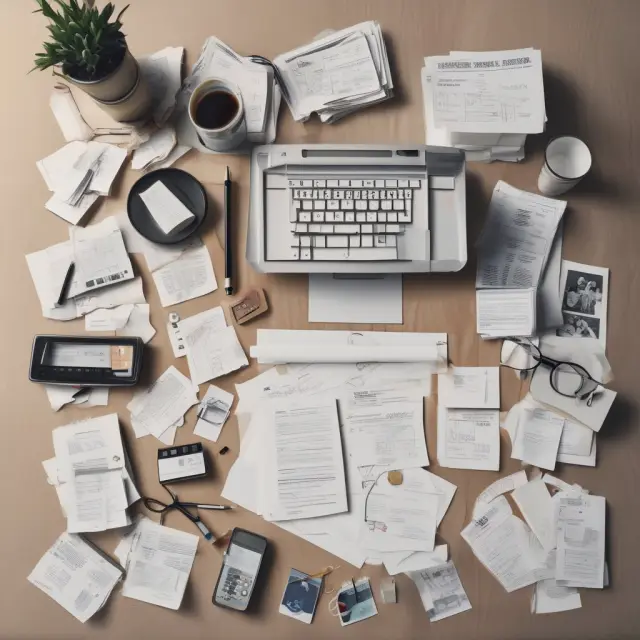 Artistically organized desk with receipts, documents, and a calculator symbolizing the process of calculating eligible work expenses for Form 2106