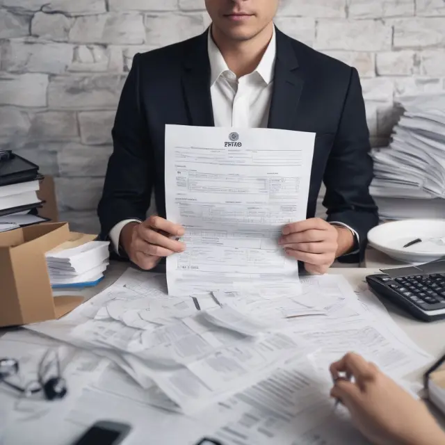 An employee working on their Form 2106 tax return amidst piles of receipts, with a compass symbolizing guidance through the business expense calculation process