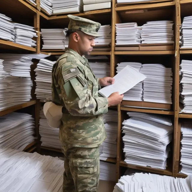 Armed Forces soldier meticulously filling out Form 2106, surrounded by stacks of financial records.