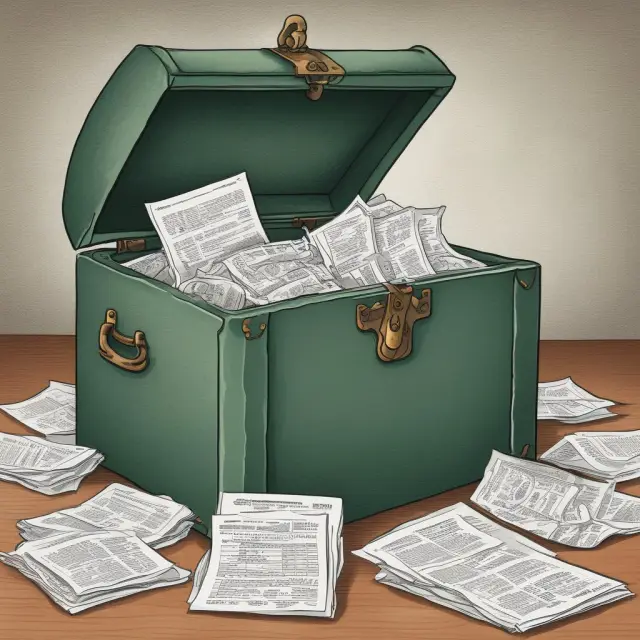 An ornate chest filled with tax documents including W-2 transcripts, 1099 transcripts, and account transcripts
