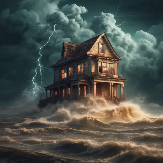 House on rough waters representing various casualty losses: fires, floods, and earthquakes