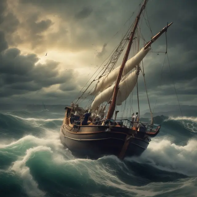 Person sailing a boat amidst choppy waves labeled 