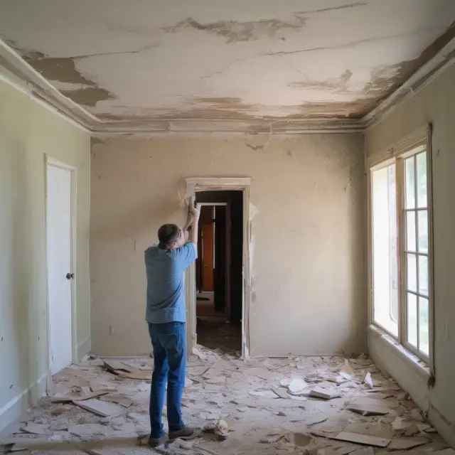 A deteriorating house symbolizing corrosive drywall and pyrrhotite concrete losses, with a homeowner consulting Form 4684 for assistance.