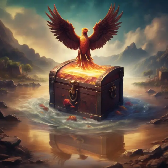 A treasure chest with losses from unexpected fires, floods, and thefts guarded by a phoenix