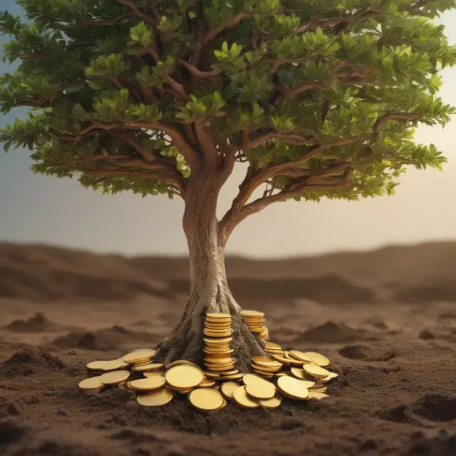 Tree symbolizes business growth; gold coins represent capital gains, deferral in an Opportunity Zone