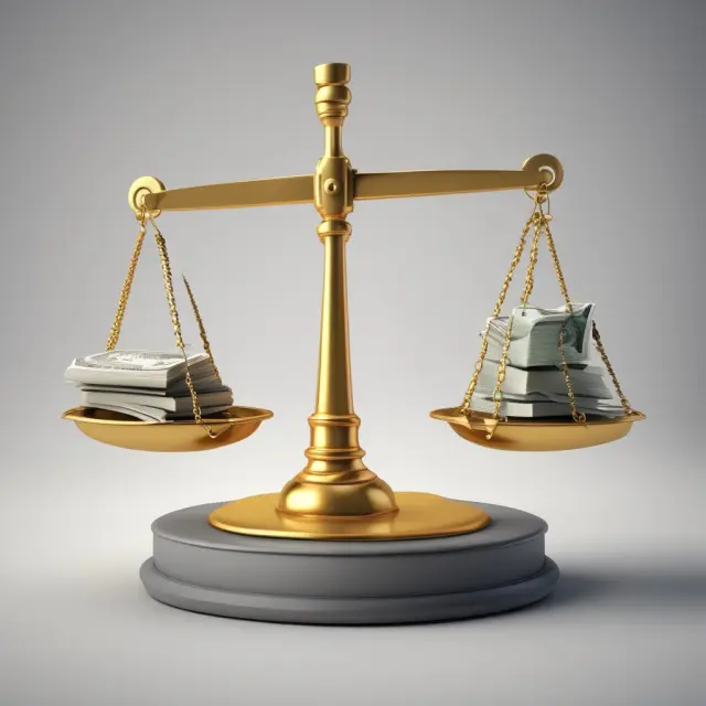 A pair of scales with one side holding a pile of coins (gross investment income) and the other, a stack of bricks (investment expenses). The scale tips in favor of the net investment income.