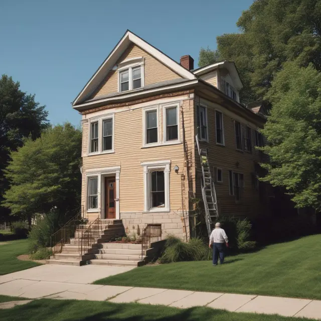A first-time buyer ascending a ladder towards a golden house while holding Form 5405 for the American Dream home and tax credit