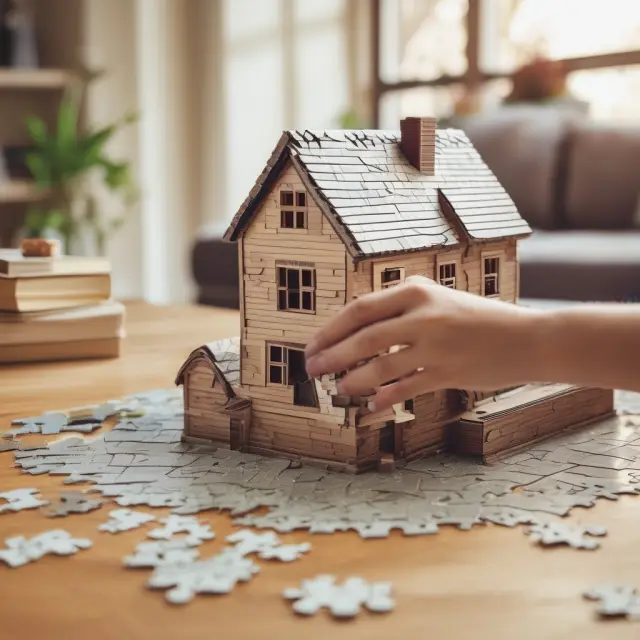 A homeowner assembling a Form 5405 puzzle, representing the steps involved in claiming the First-Time Homebuyer Credit for tax savings.