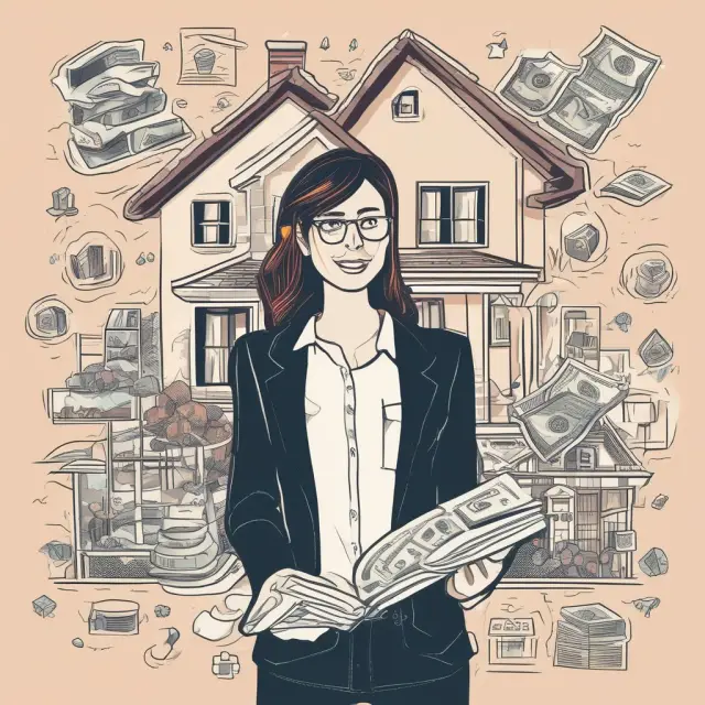 A homeowner stands before a tax book, surrounded by images of houses and dollar signs as they repay their first-time homebuyer credits