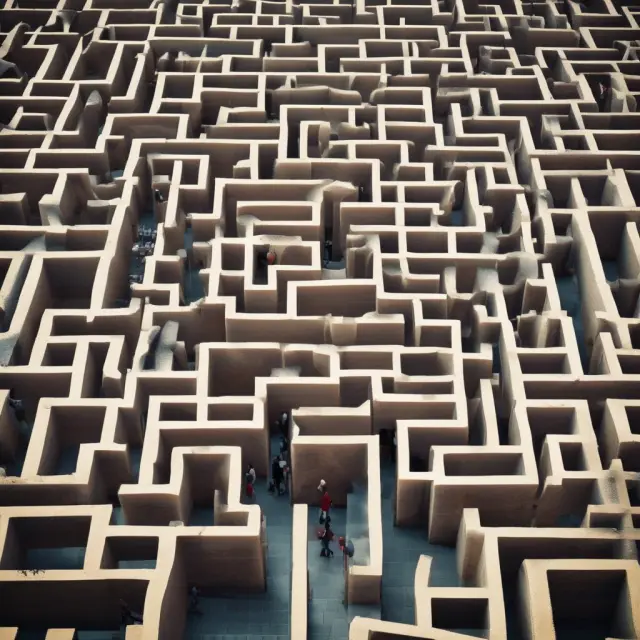 A labyrinthine maze representing Form 6251, where intricate paths symbolize complex calculations, exemptions, and exceptions for Alternative Minimum Tax.
