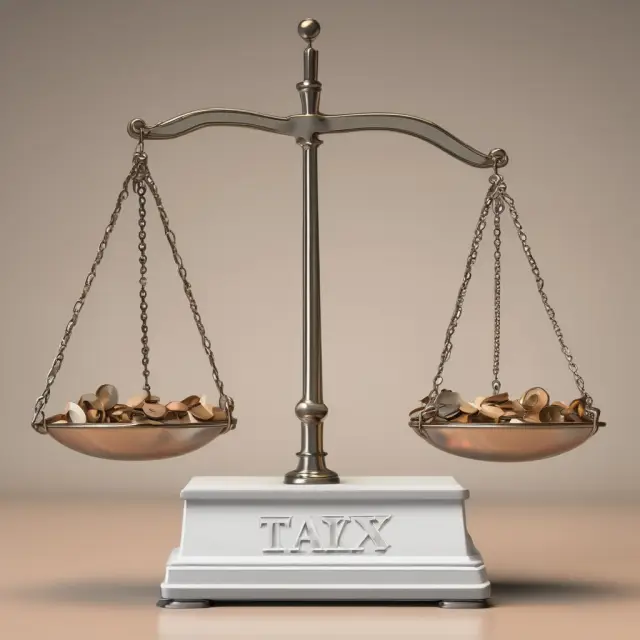 Scales display taxes: Regular vs. Alternative Minimum Tax. A balanced scale tips towards AMT, emphasizing its potential impact.