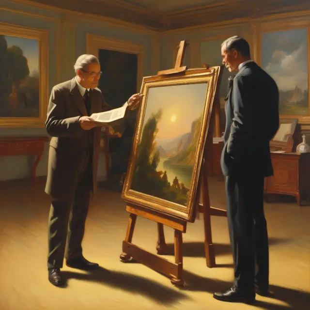 Appraiser and taxpayer with a painting in a brightly lit room, discussing noncash charitable contribution values