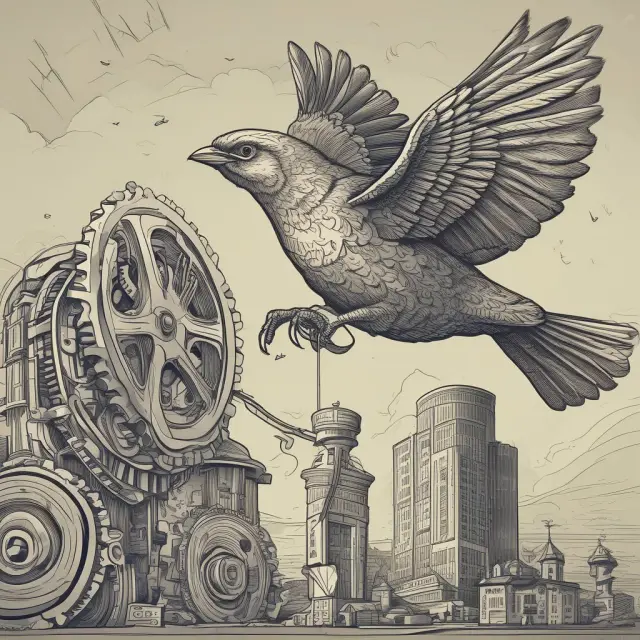 Injured bird seeking fair tax refund amidst intricate machinery