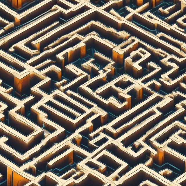 A complex maze filled with labyrinthine corridors representing cryptocurrency transactions. Wallets, prices, and dates guide taxpayers through the maze to reach net gains on Form 8949.