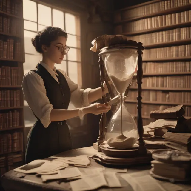 A wise old librarian meticulously sorts and files investment records on Form 8949, representing the importance of accurate record keeping for tax purposes.