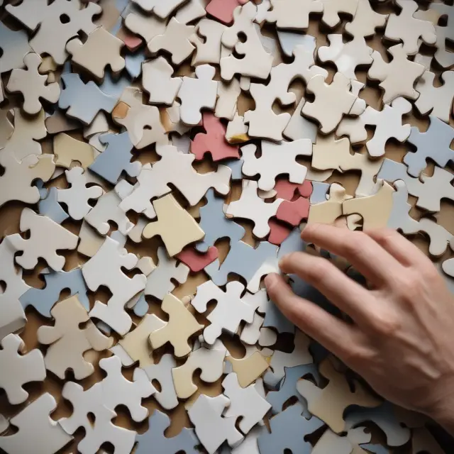 Person constructing IRS Form 1099-MISC puzzle pieces, symbolizing completion and filing