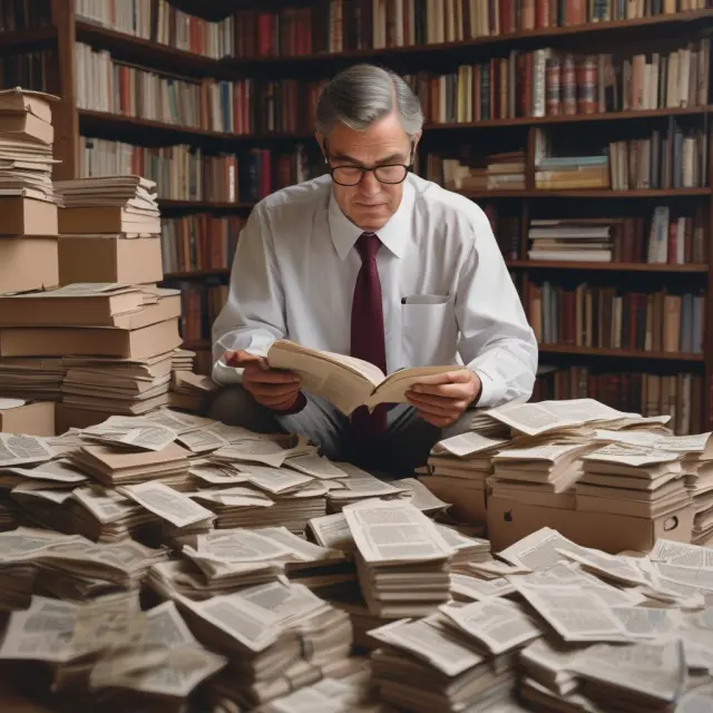 A scholar engrossed in Form 1099-Q, surrounded by piles of papers representing the importance of understanding tax reporting for distributions and earnings.