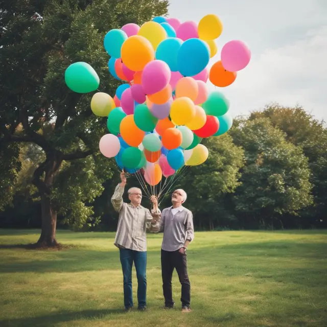 Elderly couple releasing balloons labeled 
