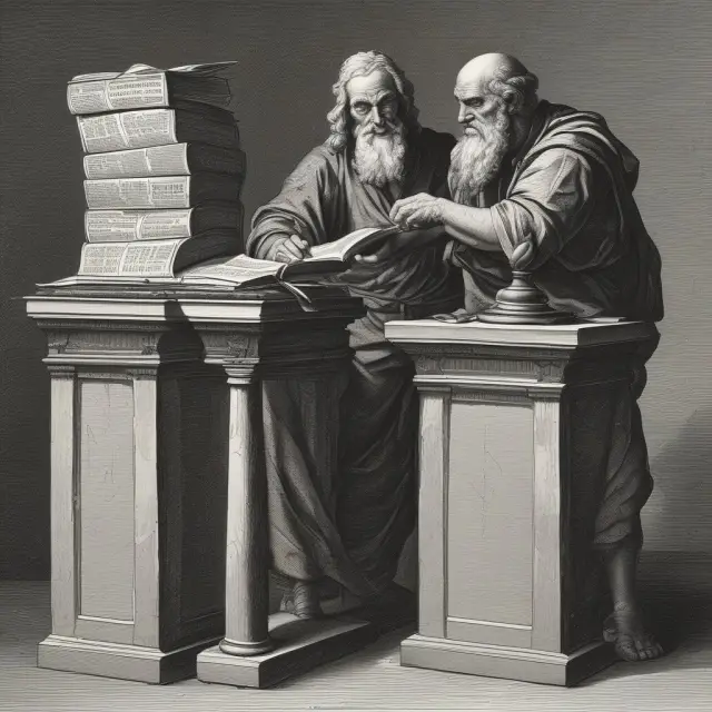 An ancient tax collector assesses tax implications of reported distributions in Form 1099-R using scales.