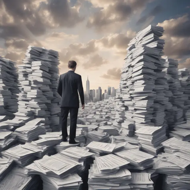 An executive officer contemplating stock sales while surrounded by stacks of SEC Forms 144
