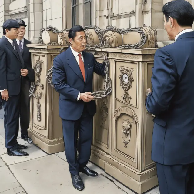Insiders in formal attire chained to a large clock during an IPO ceremony, signifying lock-up agreements restricting their stock sales