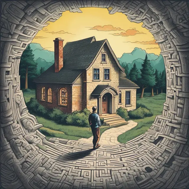 A wise homeowner holding Form 1098 while navigating through a maze symbolizes understanding mortgage interest deductions.