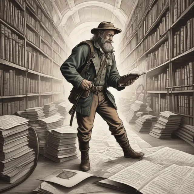 An explorer holding a compass navigates through a library filled with SEC Form ADV documents, symbolizing the process of evaluating investment advisers based on their disclosures.