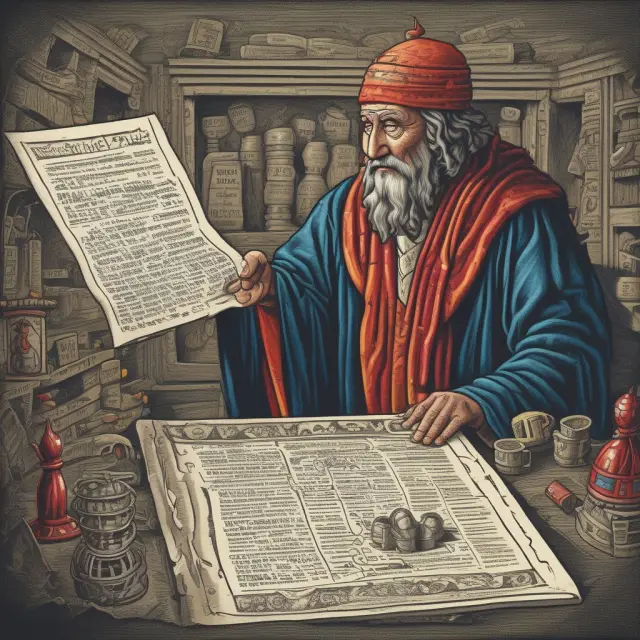 Fortune teller unveiling scroll with Fortune 500 and Fortune 100 companies, guiding an investor on a journey through the stock market landscape