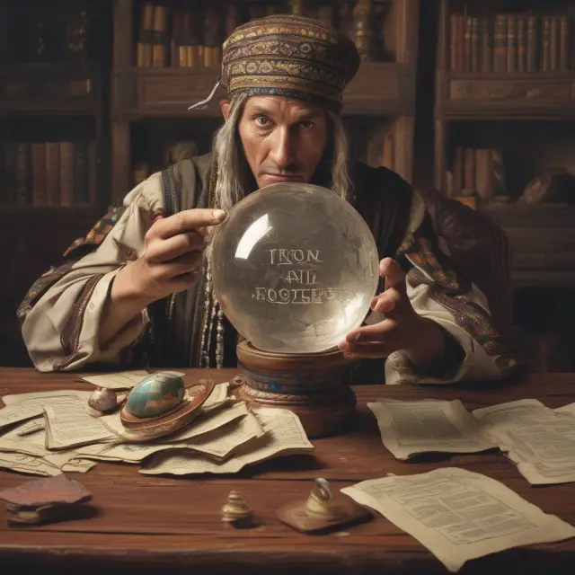 Fortune teller holding a crystal ball that reveals Fortune 500 and Fortune 100 lists, illustrating access to business insights