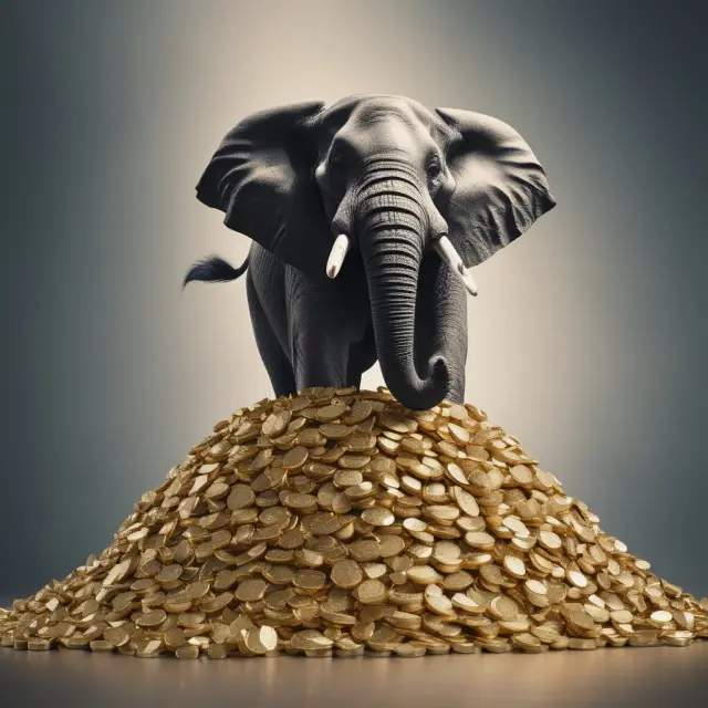 Walmart as an elephant towering over a heap of golden coins, symbolizing leading Fortune 500 companies and their significant financial power