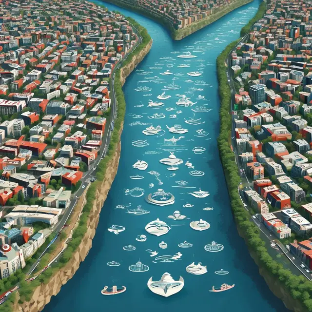 A dynamic river filled with interchangeable corporate logos reflects the shifting Fortune 500 list based on annual revenues.