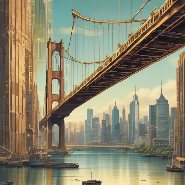 A golden bridge connecting prestigious Fortune 500 companies to prosperity and success