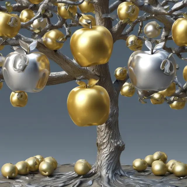 Gold, silver, and platinum apples growing on a successful tree representing Berkshire Hathaway, Apple, and Microsoft