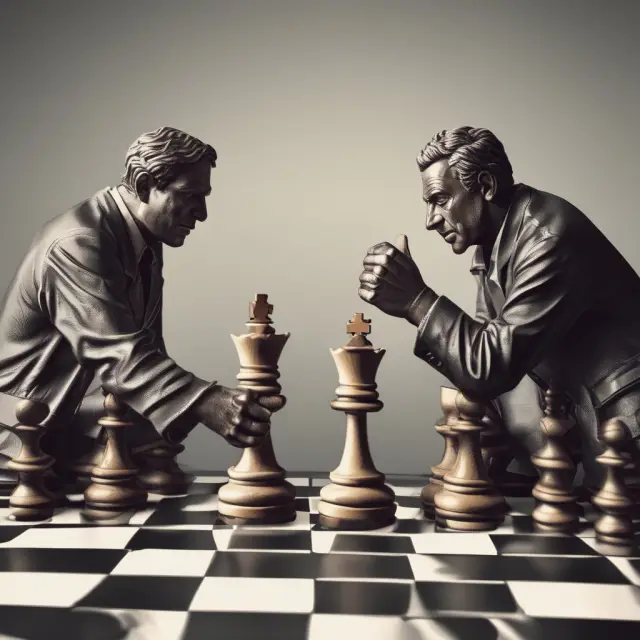 Two players discuss terms on a forward exchange contract atop a chessboard, illustrating the negotiation process and its importance in currency markets