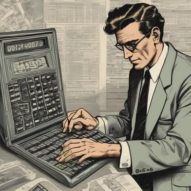 Time traveler using advanced calculator for forward exchange rate calculations, protecting against currency fluctuations.