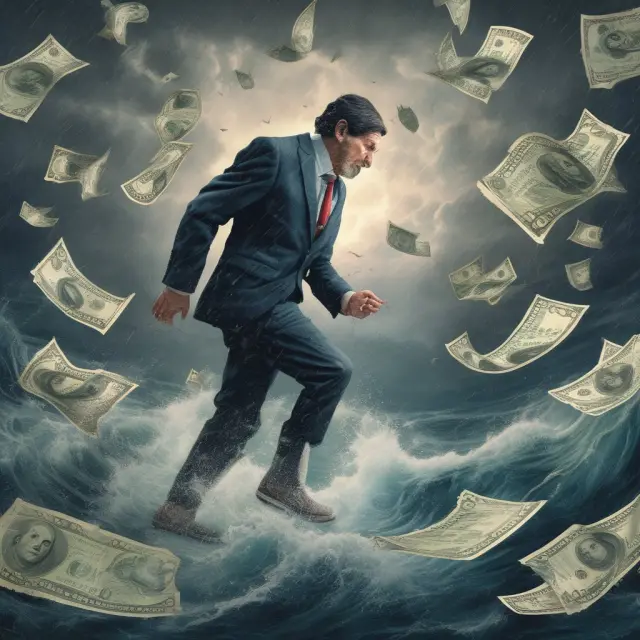 An investor paddling a boat through turbulent waters, addressing risks from counterparty, operational, currency, interest rate, and market liquidity in forward exchange contracts