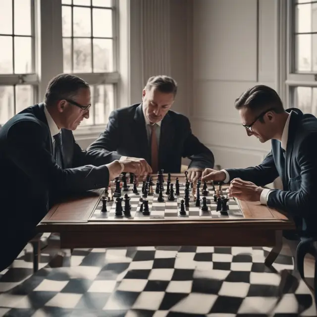 Institutional investors strategize at a chessboard, discussing FECs and their respective currencies