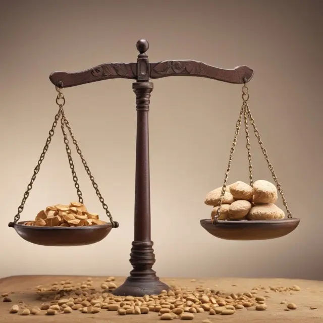 Scales with grains symbolize OTC forward contracts, while futures contracts are represented by gold and silver coins. Both balance the risks associated with commodity markets.