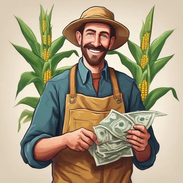Farmer with intertwined corn stalks and money in hand, illustrating a forward contract in agriculture
