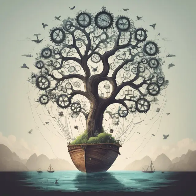 Company sailing through a sea of opportunities with interlinked cogs depicting optimized economies of scope and strong roots signifying control over product and profit